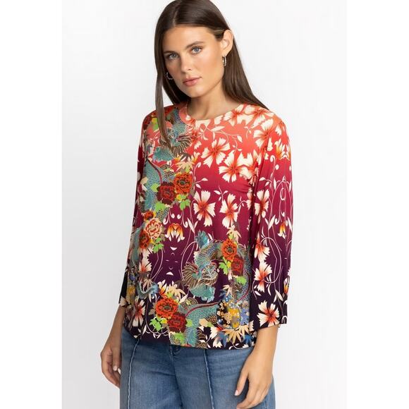 EUC Johnny Was Adalena Kimono Sleeve Tee Size XS Floral Dragon Print Stretch Top - Picture 9 of 12